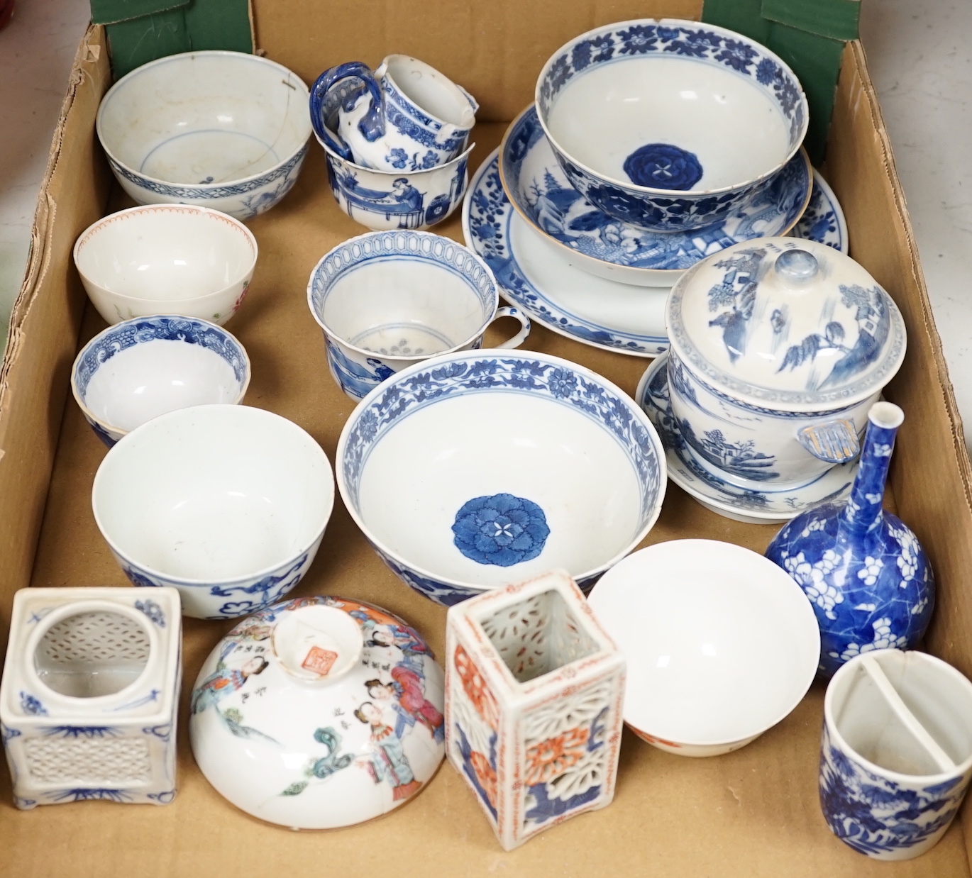 A collection of mostly Chinese blue and white bowls, plates, cups etc. 18th to early 20th century